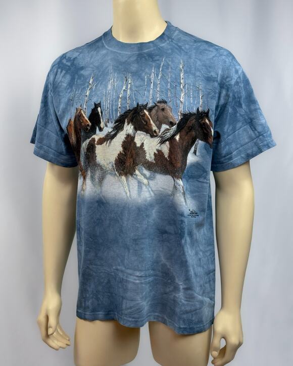 The Mountain Other - Vintage 1999 The Mountain Horse Snow T Shirt Large Blue Tie Dye Wild Wings USA